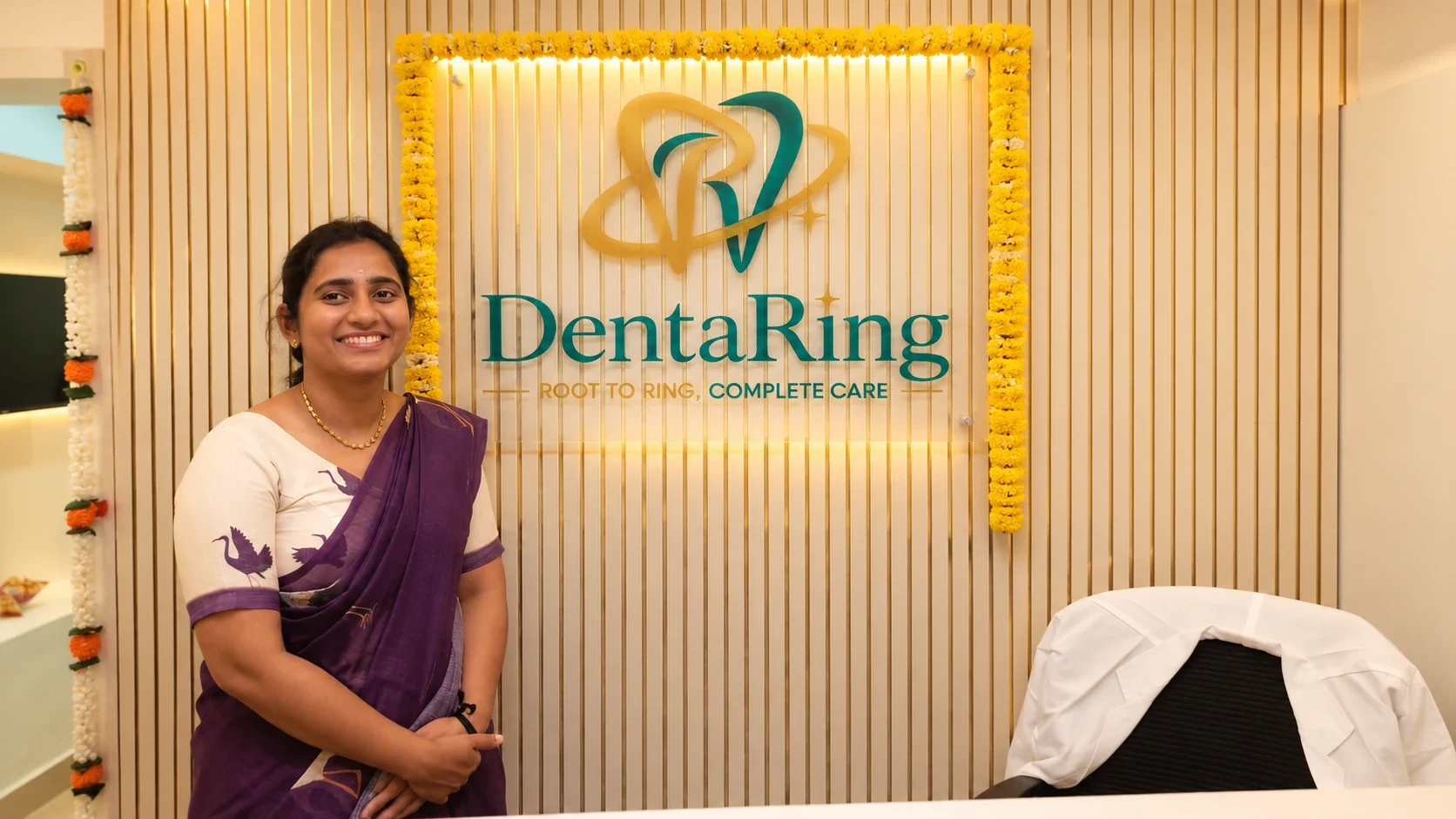 Dr. Rasika R, BDS at the DentaRing clinic reception, Nungambakkam